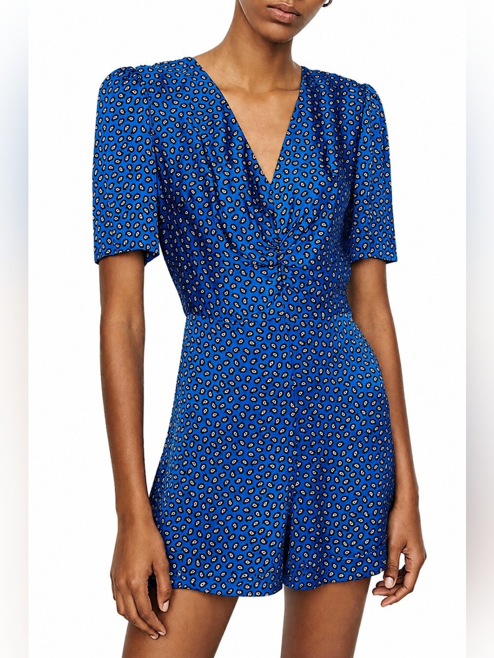 Maje Printed Satin V-Neck Playsuit Blue Size 38 Medium